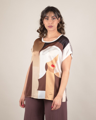 T-shirt in raso e viscosa con stampa astratta