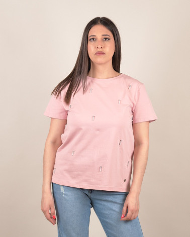T-shirt con perle e strass applicati