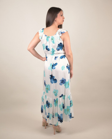 Abito lungo in viscosa stampa Ocean Flowers