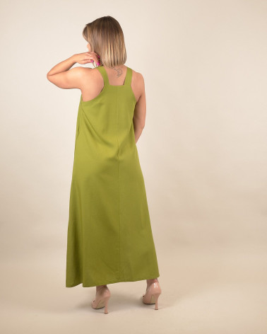 Abito lungo verde in lino e viscosa