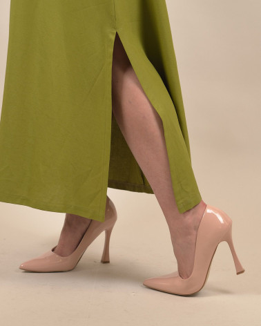 Abito lungo verde in lino e viscosa