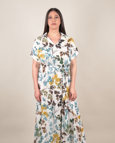 Abito lungo con cintura e stampa foliage