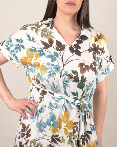 Abito lungo con cintura e stampa foliage