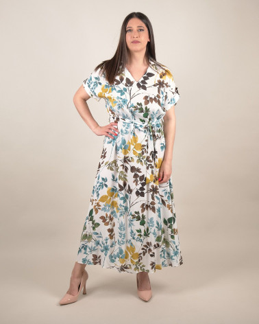 Abito lungo con cintura e stampa foliage