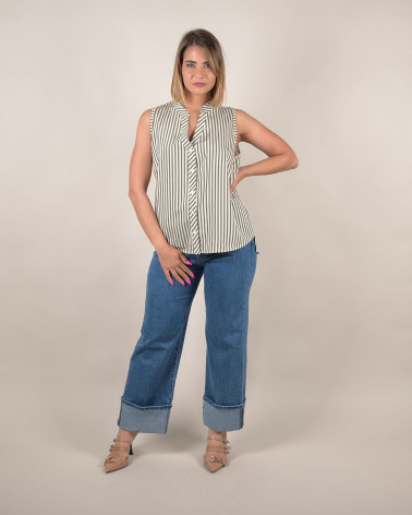 Top smanicato a righe verde militare