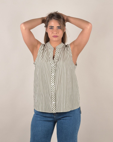Top smanicato a righe verde militare