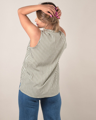 Top smanicato a righe verde militare