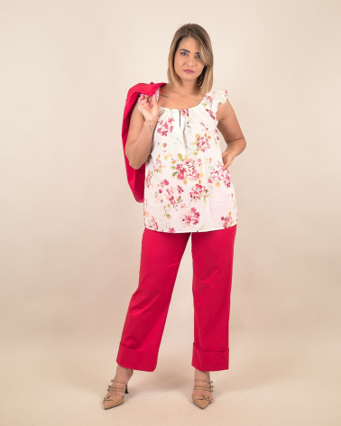 Top in cotone con manica volant e motivo fiorito