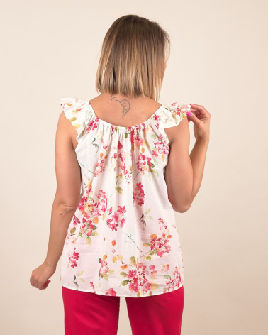 Top in cotone con manica volant e motivo fiorito
