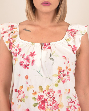 Top in cotone con manica volant e motivo fiorito