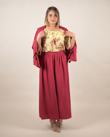 Gonna ampia midi in lino e viscosa tegola