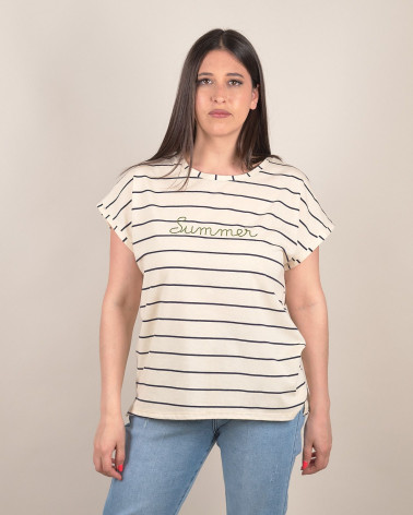 T-shirt a righe con ricamo Summer