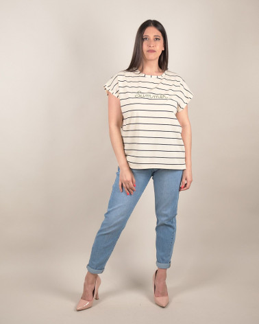 T-shirt a righe con ricamo Summer