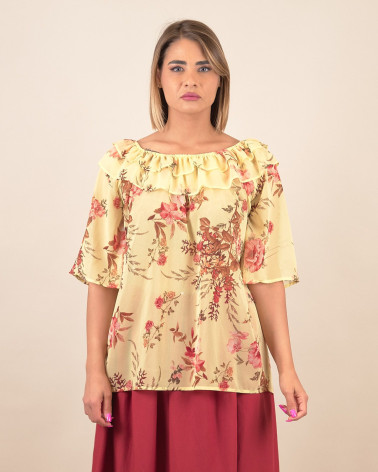 Blusa con volant e stampa floreale gialla