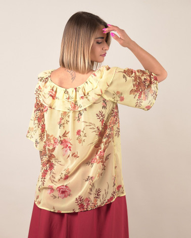 Blusa con volant e stampa floreale gialla