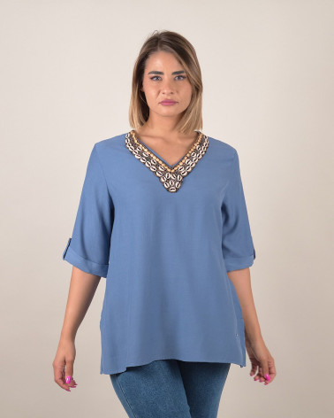 Blusa manica 3/4 con scollo decorato in conchiglie