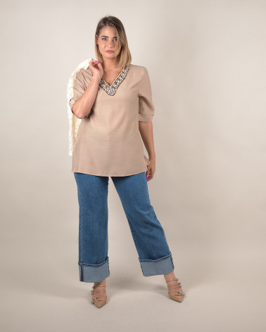 Blusa manica 3/4 con scollo decorato in conchiglie