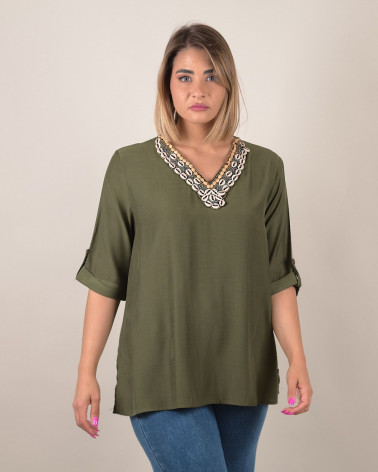 Blusa manica 3/4 con scollo decorato in conchiglie