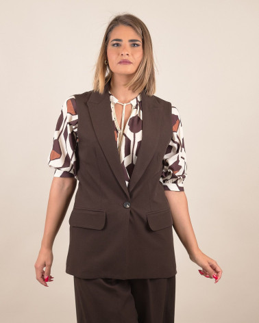 Gilet monopetto in misto lino moro