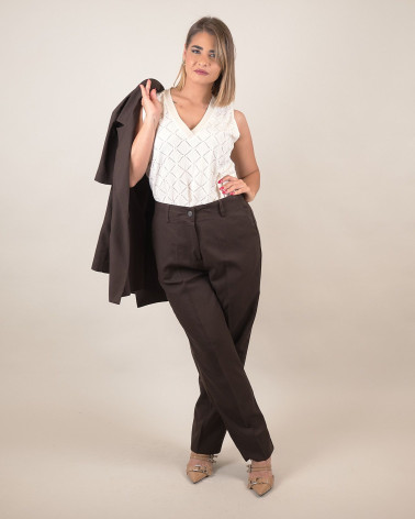 Pantaloni dritti in misto lino moro
