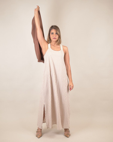 Abito lungo a righe in misto lino