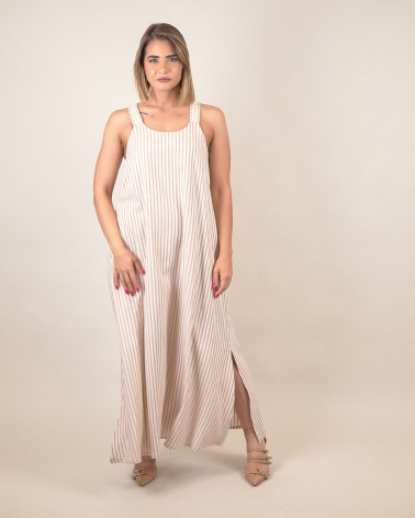 Abito lungo a righe in misto lino