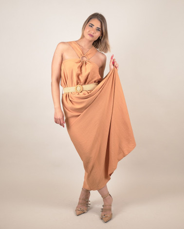 Abito lungo arancione con scollo ad anello