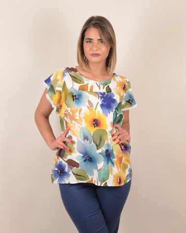 Blusa floreale con profilo decorato