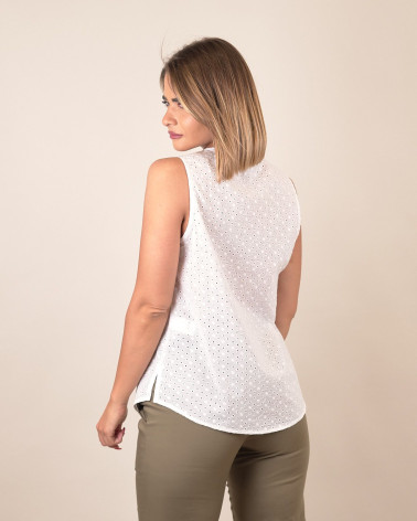 Top smanicato in sangallo di cotone