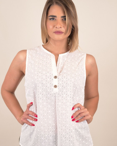 Top smanicato in sangallo di cotone