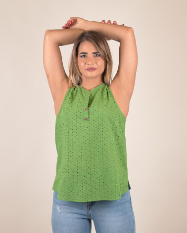 Top smanicato in sangallo di cotone