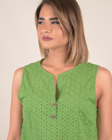 Top smanicato in sangallo di cotone