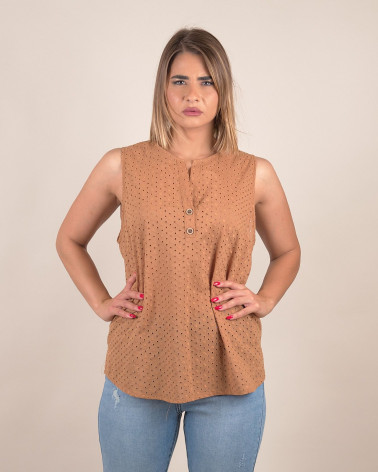 Top smanicato in sangallo di cotone