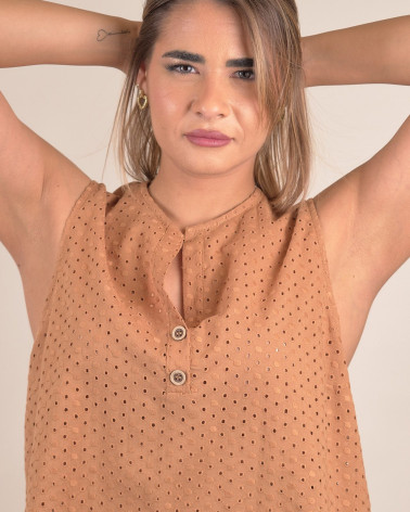 Top smanicato in sangallo di cotone