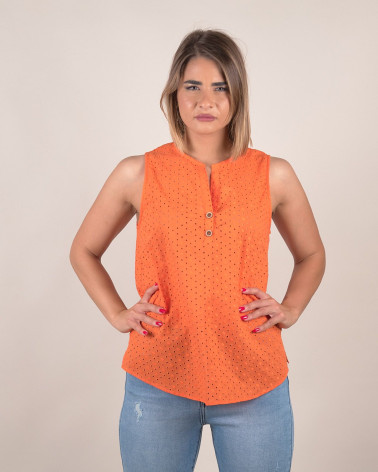 Top smanicato in sangallo di cotone