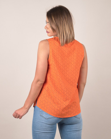 Top smanicato in sangallo di cotone