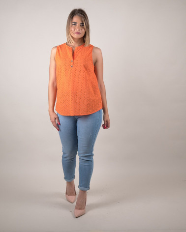 Top smanicato in sangallo di cotone