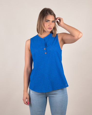 Top smanicato in sangallo di cotone