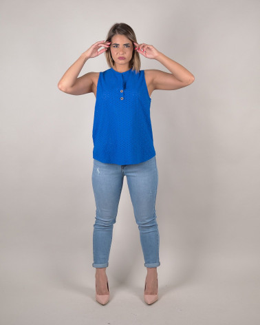 Top smanicato in sangallo di cotone