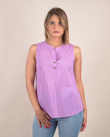 Top smanicato in sangallo di cotone