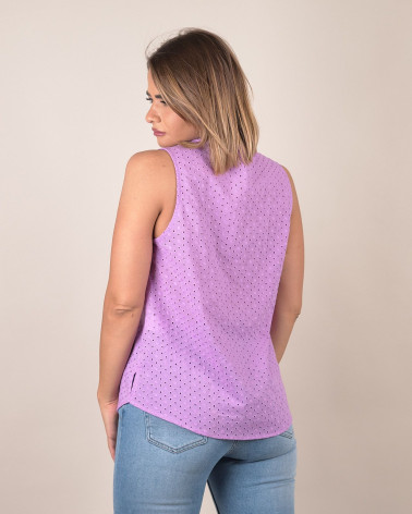 Top smanicato in sangallo di cotone