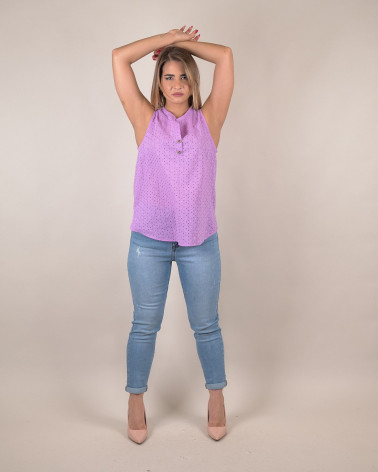 Top smanicato in sangallo di cotone