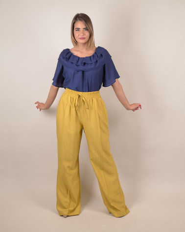 Pantaloni palazzo in viscosa senape