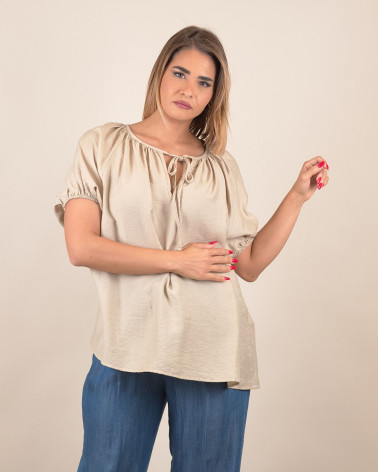 Blusa con scollo a coulisse in misto lino