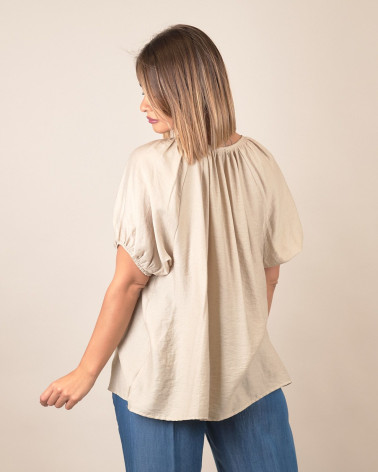 Blusa con scollo a coulisse in misto lino