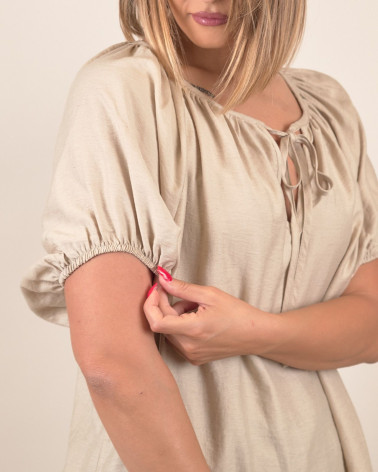 Blusa con scollo a coulisse in misto lino