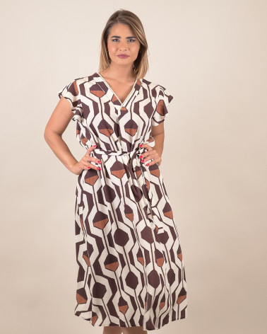 Abito midi con stampa geometrica marrone