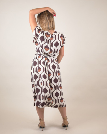 Abito midi con stampa geometrica marrone