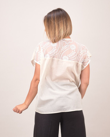 Blusa in cotone beige con motivo posteriore