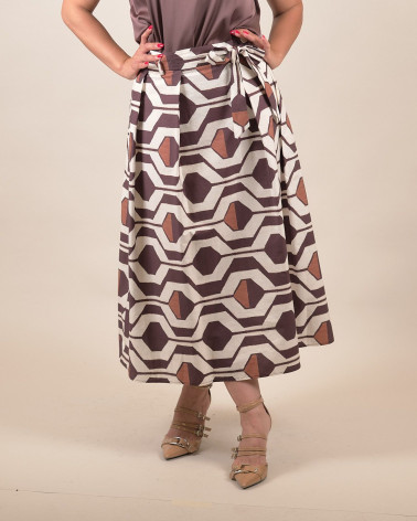 Gonna midi con stampa geometrica marrone